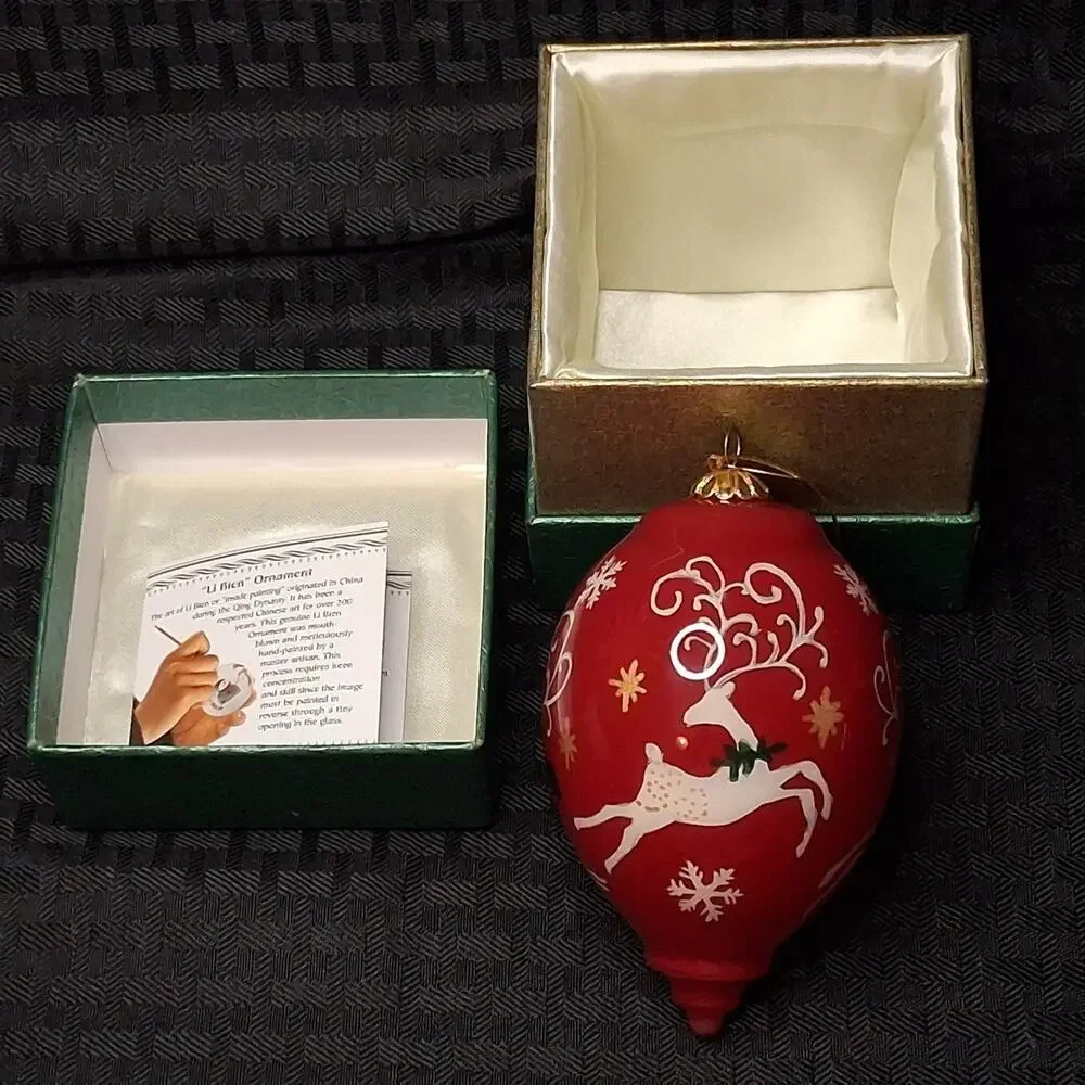 Pier 1 Seasons Greetings Reindeer 2014 Christmas Ornament Li Bien Red White/Box